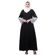 Front open Keffiyeh Embroidery sleeves Abaya- Black